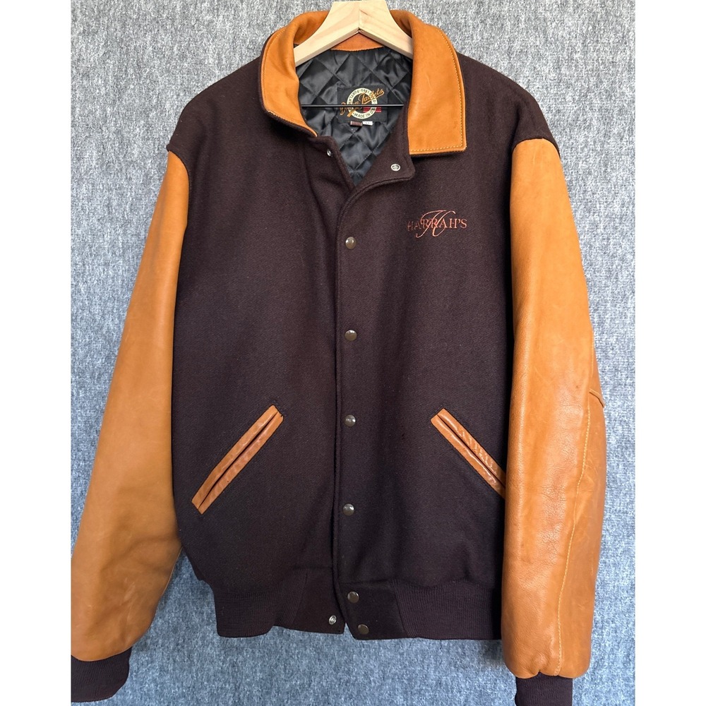 Dehen 1920 Brown‎ / Navy Varsity Jacket Wool Leather Men's Size XL Harrah's Logo